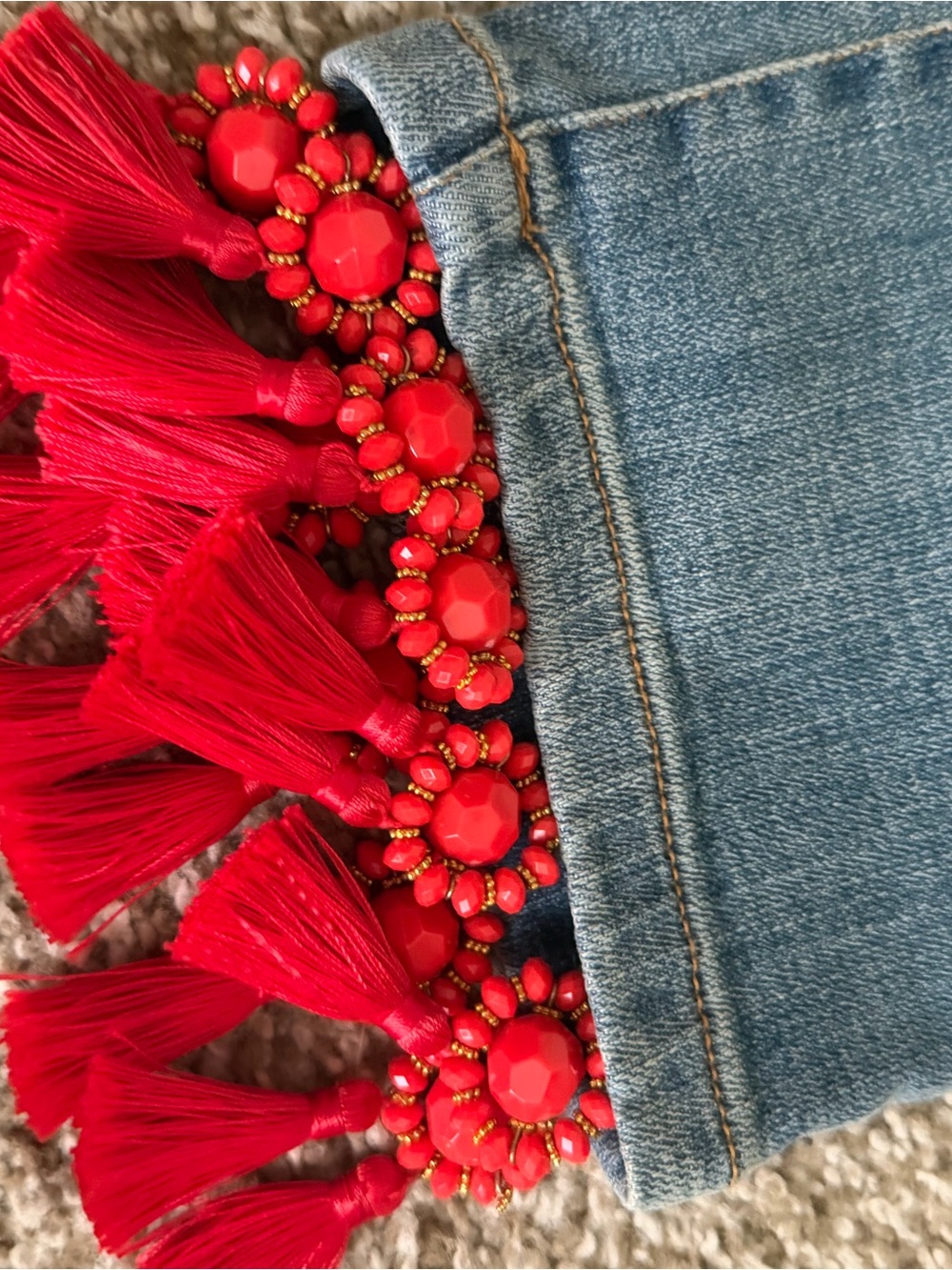Pilcro and the Letterpress Light Blue Distressed Jeans with Red Tassel Hem - Picture 2 of 9